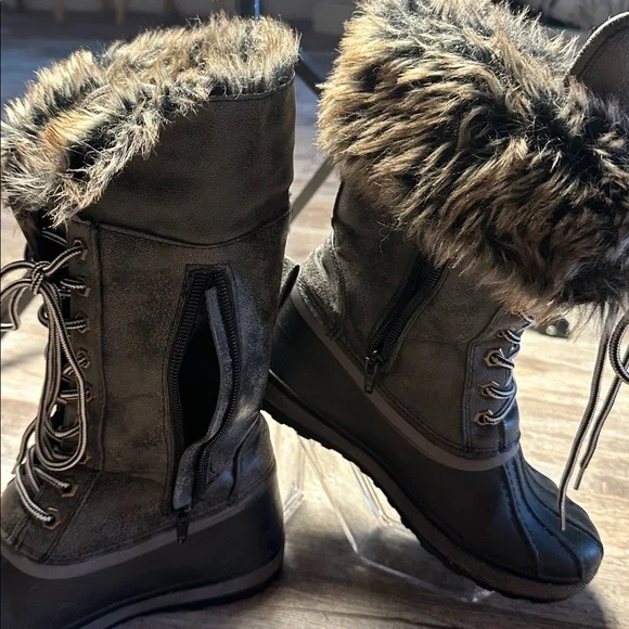 Black and Grey Fur-Lined Winter Duck Boots - Picture 6 of 9
